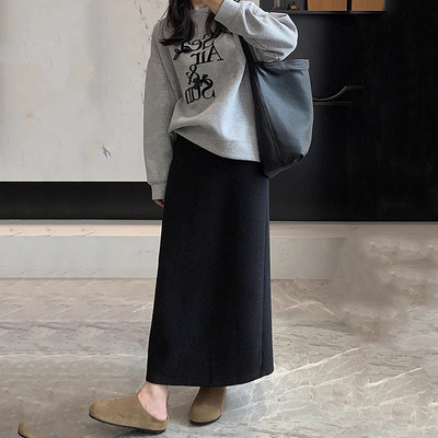 黑色醋酸毛呢半身裙女秋冬高腰