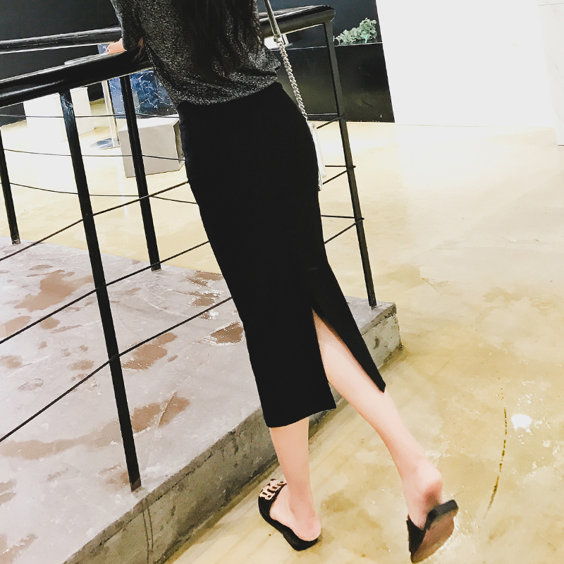 黑色垂感半身裙女春夏韩版高腰中长款小个子长款后开叉一步包臀裙