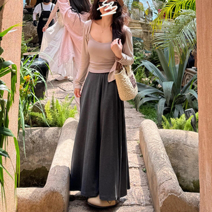 徐秋阳同款糯米裙2024秋冬新款深灰色垂感遮胯大摆裙慵懒宽松长裙