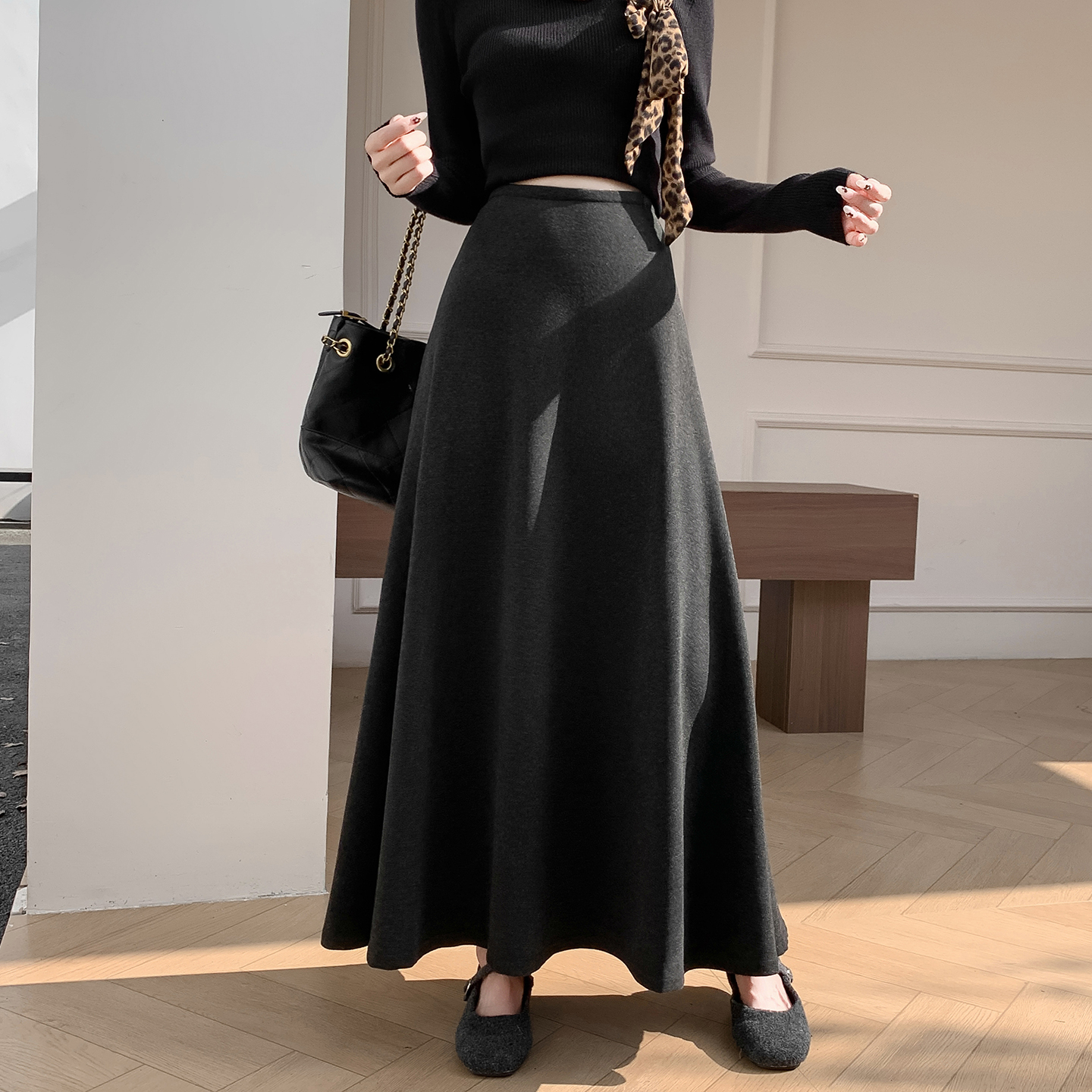 秋冬垂坠感大摆裙高腰显瘦a字裙