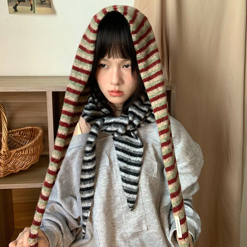 秋季好搭单品 羊毛混纺条纹三角巾 多用头巾小披肩围脖 时髦潮女