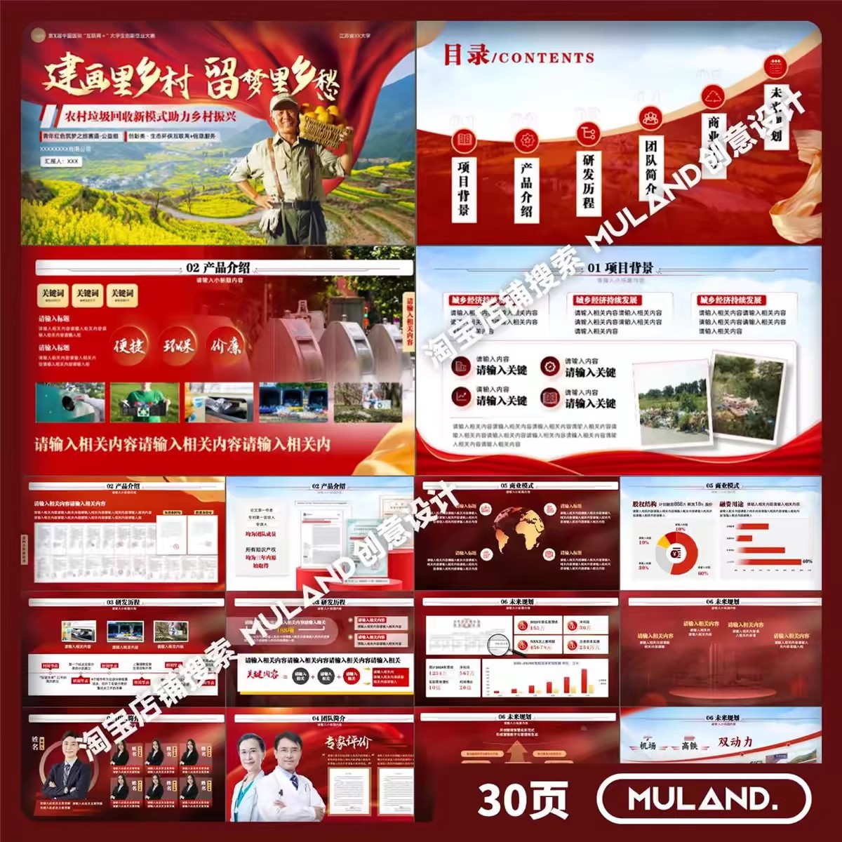 C69互联网加挑战杯比赛创赛国奖红旅赛道高端红金乡村振兴PPT模板