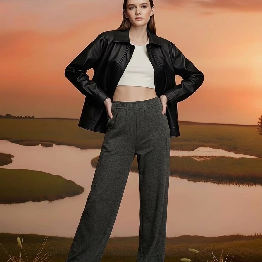 休闲裤女高腰宽松垂感弹力舒适直筒长裤松紧腰针织裤纯色裤运动裤