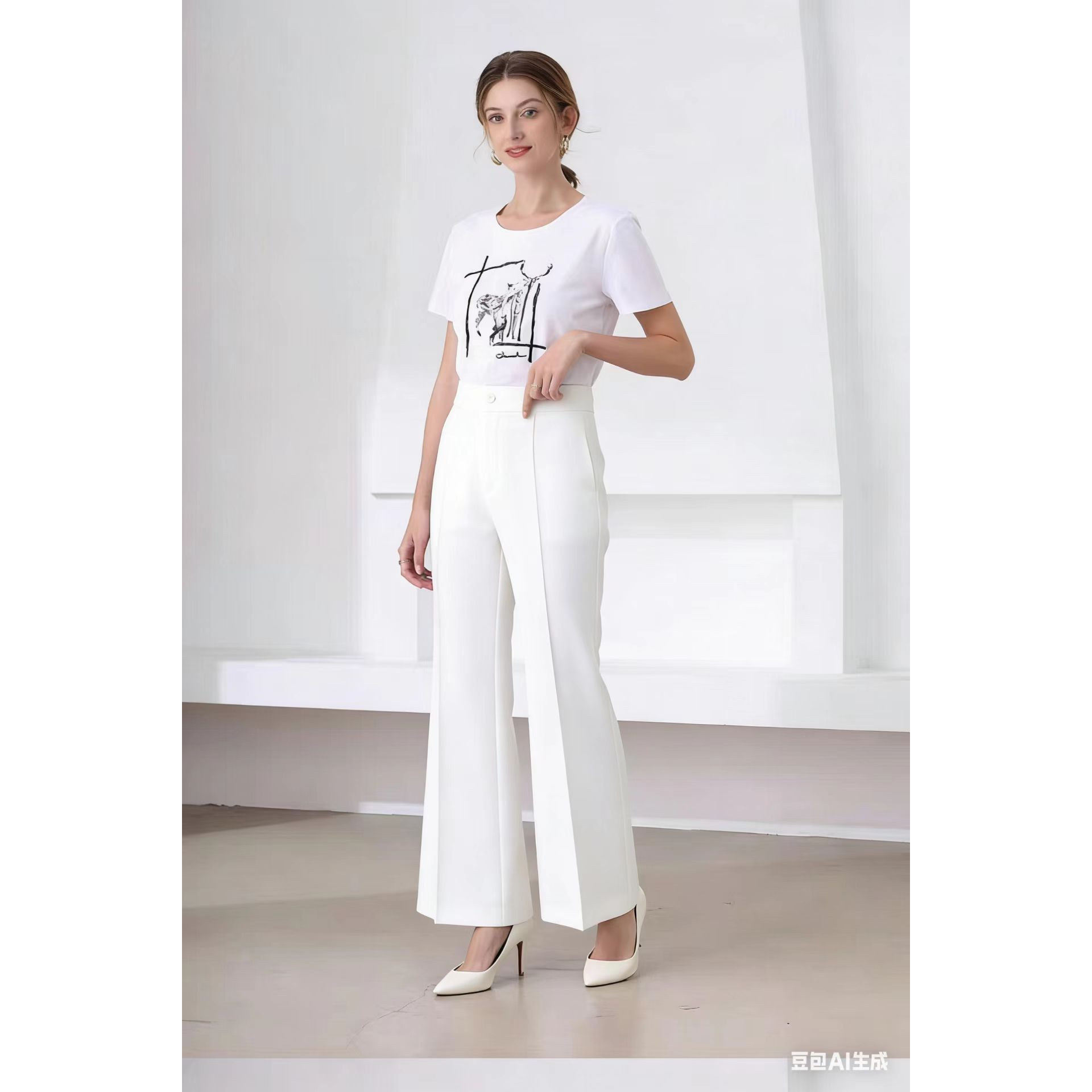 粉色通勤简约纯色直筒修身窄版高腰裤微喇垂感休闲春秋装西装裤