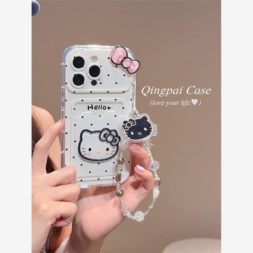 ins波点猫咪卡包带链条适用苹果16promax手机壳iphone13新款15pro女款14可放卡片12韩系少女心11全包软壳