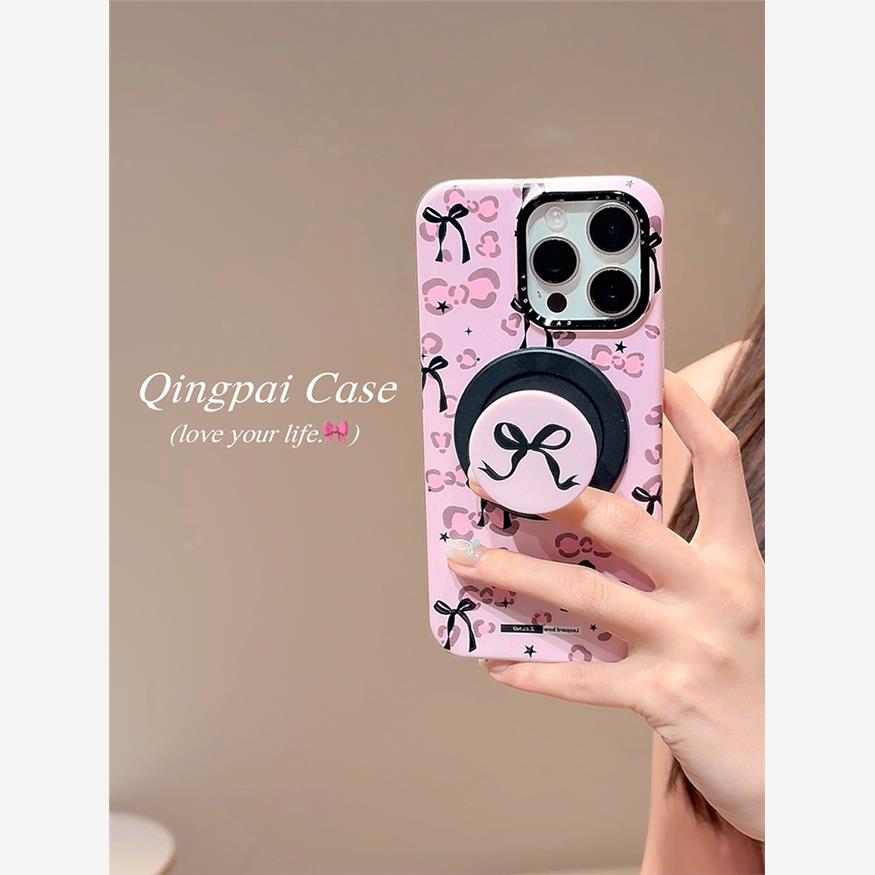 个性粉色豹纹蝴蝶结磁吸支架适用苹果16promax手机壳iphone13新款15pro女款14小众ins创意日韩风半包硬壳