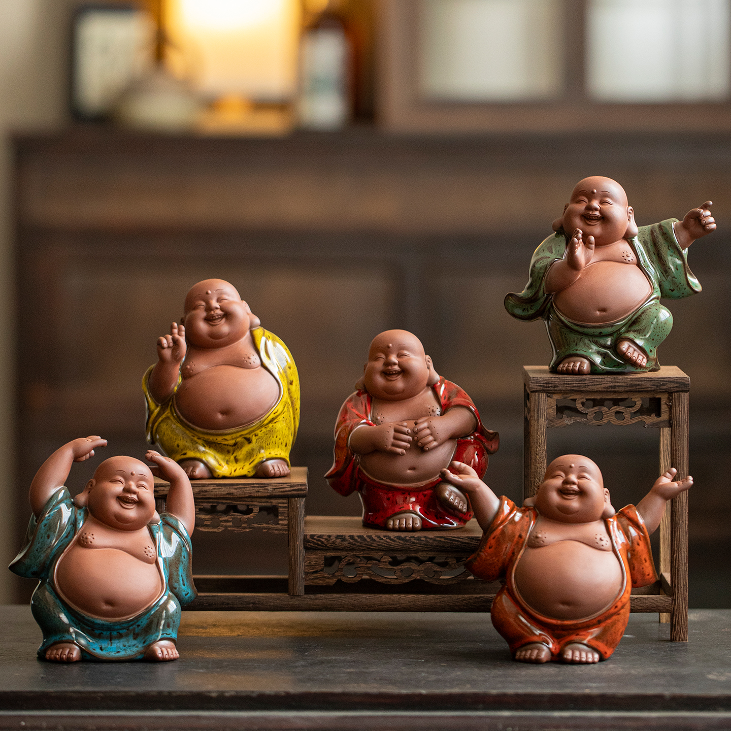 创意陶瓷五福弥勒佛摆件