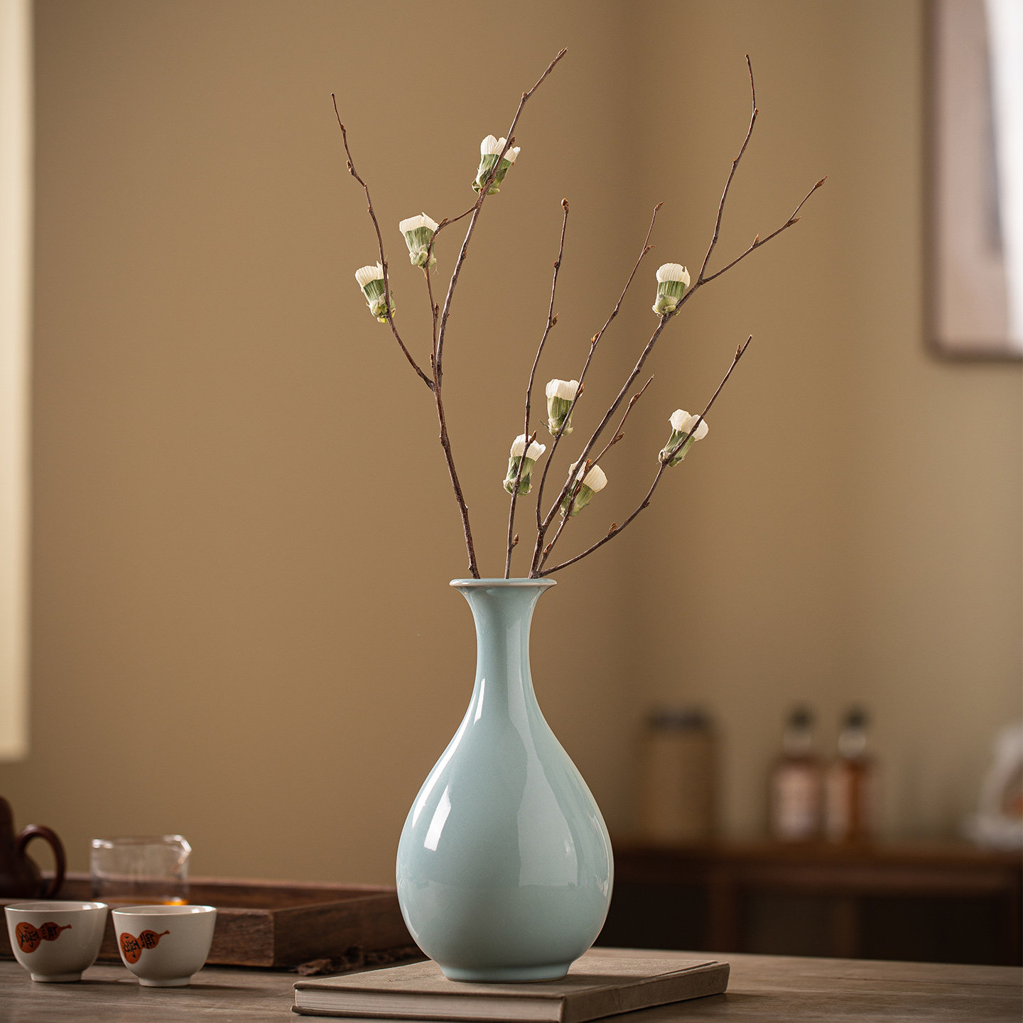 天青汝窑玉春瓶陶瓷花瓶中式禅意茶空间水培干花插花桌面装饰摆件,家居饰品,花瓶,淘宝优惠券,粉丝福利购,淘宝优惠卷
