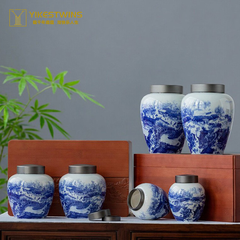 景德镇青花瓷罐送礼仿古清明上河图陶瓷茶叶罐双盖家用密封储茶罐