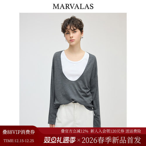 曼德诗绵羊毛大U领套头针织衫