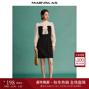 曼德诗黑白撞色连衣裙2025秋新款 高腰裙 蕾丝提花拼接气质复古长袖