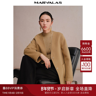 曼德诗短款系带毛呢外套2024冬季新品全羊毛V领双面呢大衣短外套