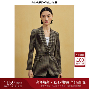 一粒扣长袖 曼德诗复古修身 新品 2025秋季 休闲西服外套 格纹翻领西装