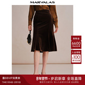 曼德诗复古半身裙2025秋季 新品 弹力丝绒A摆鱼尾裙子通勤OL长裙