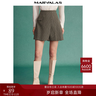 曼德诗复古格纹短裤2025秋季新款撞色高腰宽松时尚不规则休闲裙裤