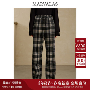 曼德诗复古格纹直筒休闲裤2025冬季新款松紧腰减龄裤子百搭阔腿裤