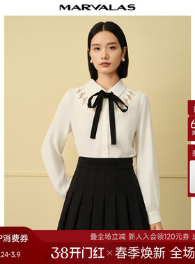 曼德诗撞色系带衬衫女2025秋季新品设计感OL上衣丝滑气质雪纺衬衣