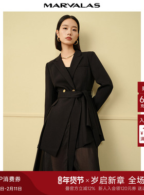 曼德诗纯色西服连衣裙2025秋季新品设计感不规则下摆拼接OL西装裙