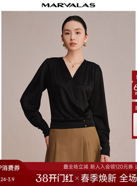 曼德诗V领醋酸针织衫女2025秋季新品纯色长袖宽松小衫百搭OL上衣