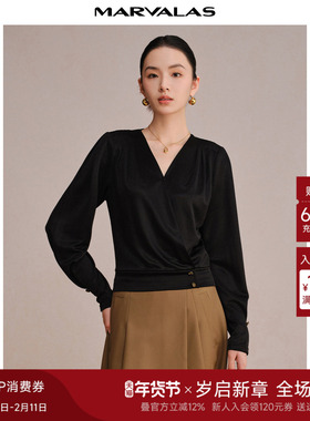 曼德诗V领醋酸针织衫女2025秋季新品纯色长袖宽松小衫百搭OL上衣