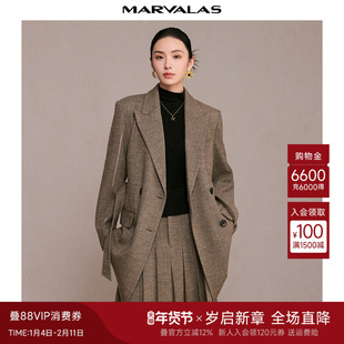 曼德诗绵羊毛混纺连衣裙2025秋季新款时尚收腰两穿气质干练西装裙