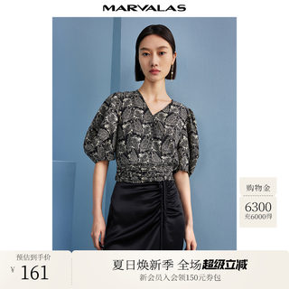曼德诗花色雪纺衫女2025夏季新款复古V领短袖蕾丝衫