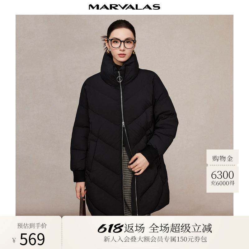 曼德诗加厚直筒羽绒服女2024冬中长款鸭绒高级感外套面包服保暖