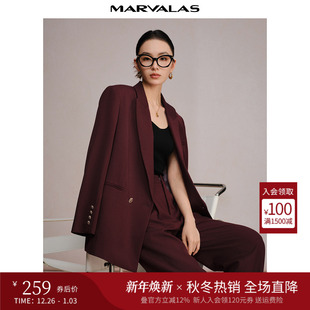 绵羊毛混纺通勤OL双排扣西服外套 新品 曼德诗安可拉红西装 2024冬季