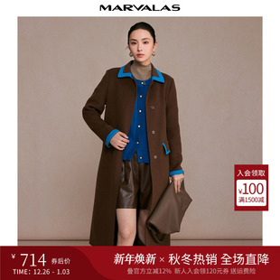 曼德诗撞色毛呢外套女2024冬季 100%绵羊毛气质翻领双面呢大衣 新款