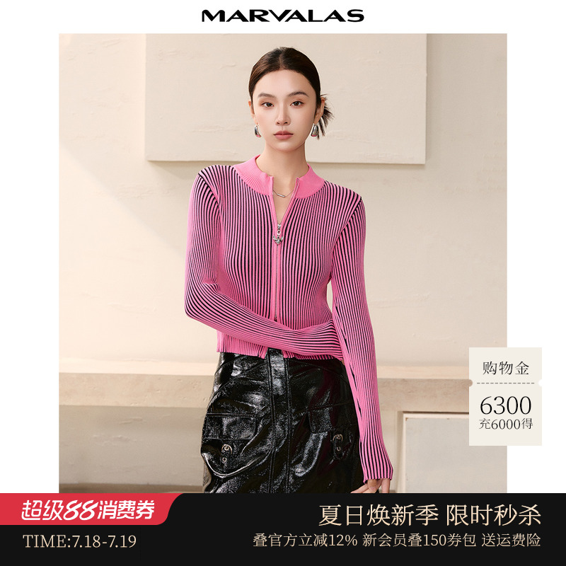 曼德诗拉链圆领短款开衫