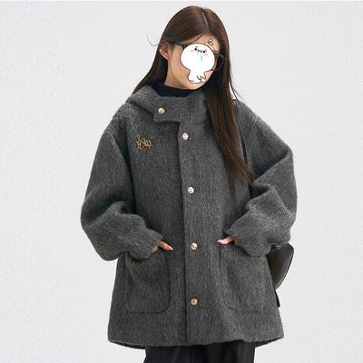 高级感连帽羊绒呢子大衣女冬季深灰色小个子羊毛呢外套羽绒服内胆