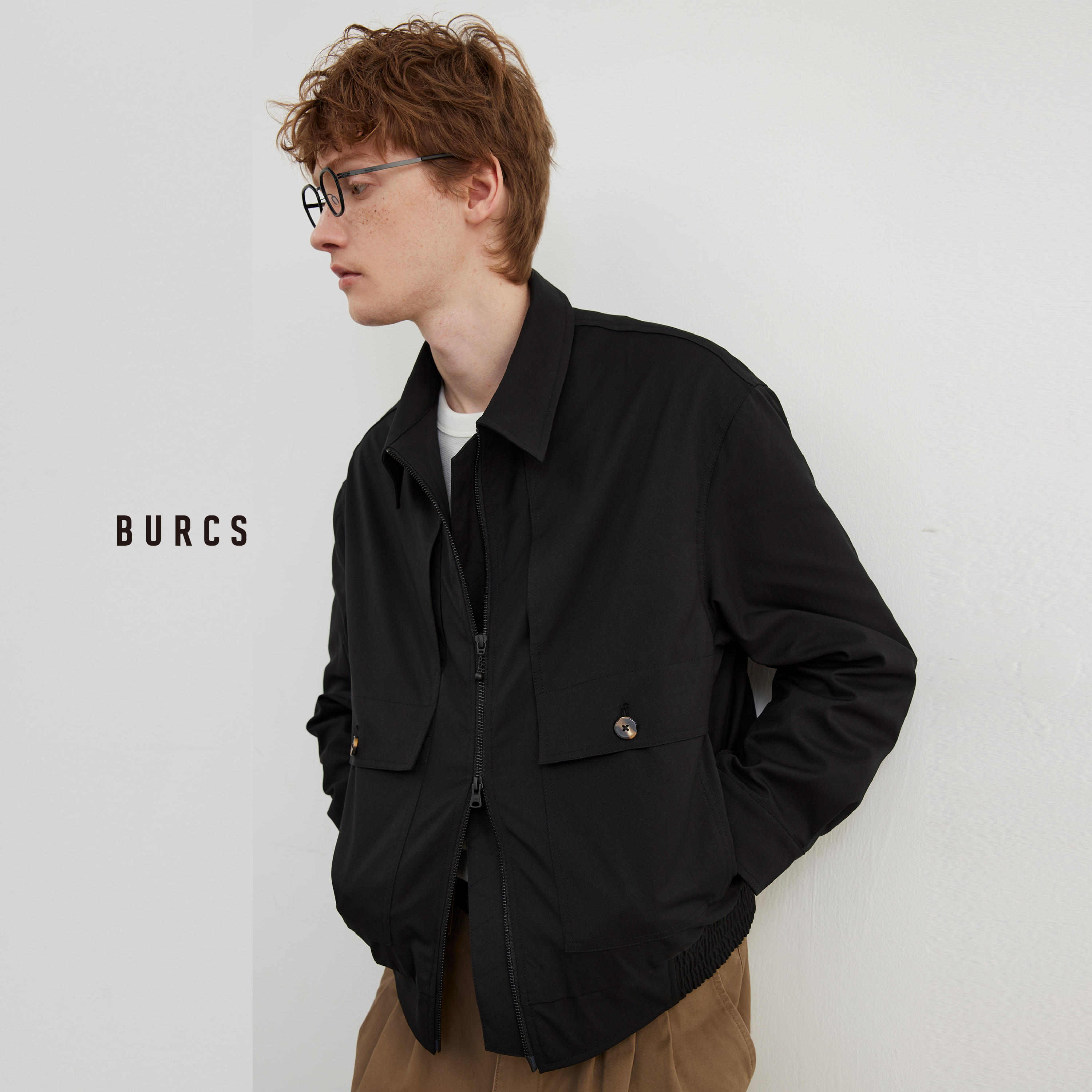 Burcs简约翻领合身防水夹克外套