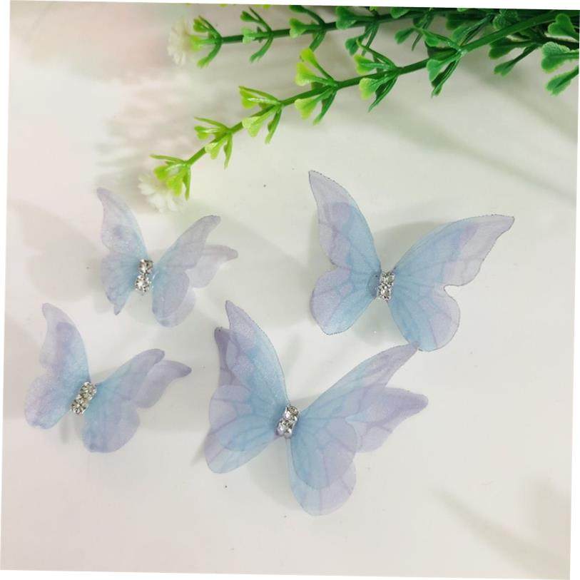 蝴蝶配件diy浅蓝彩色多层带钻3-5cm双层立体薄纱蝴蝶发夹diy发饰