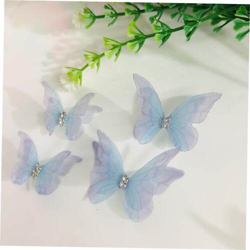 蝴蝶配件diy浅蓝彩色多层带钻3-5cm双层立体薄纱蝴蝶发夹diy发饰