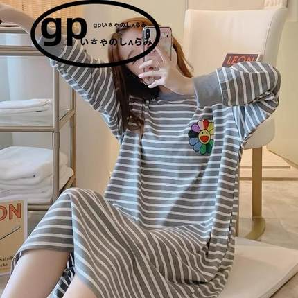 日本GP睡裙女春秋长袖纯棉条纹宽松可爱睡衣大码长款过膝孕妇胖MM