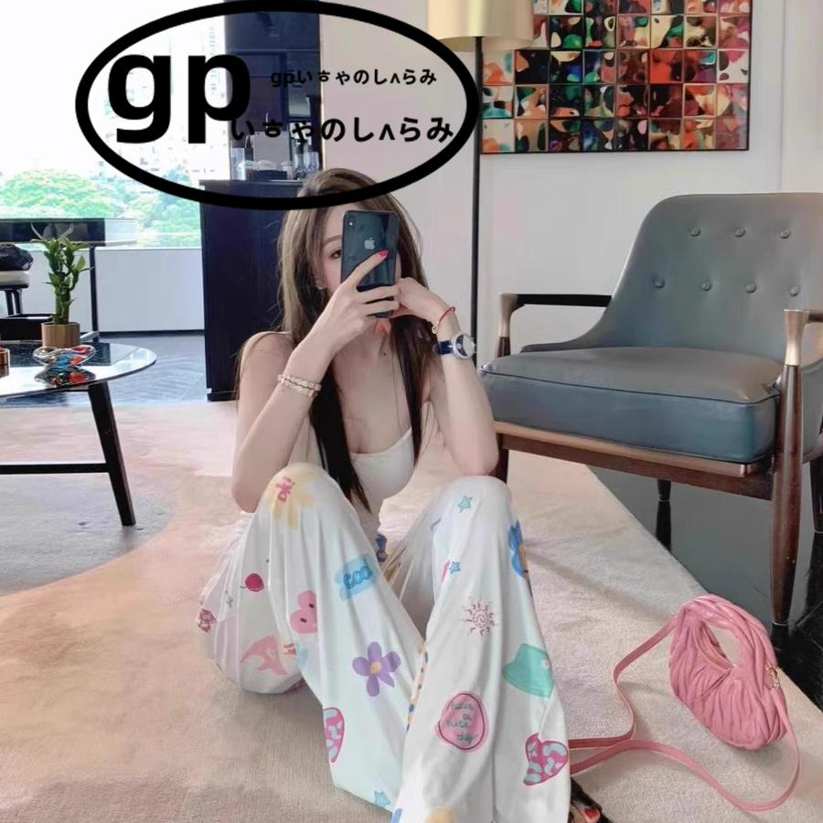 日本gp纯棉睡衣女款夏季吊带长裤大码可外穿休闲小清新家居服套装