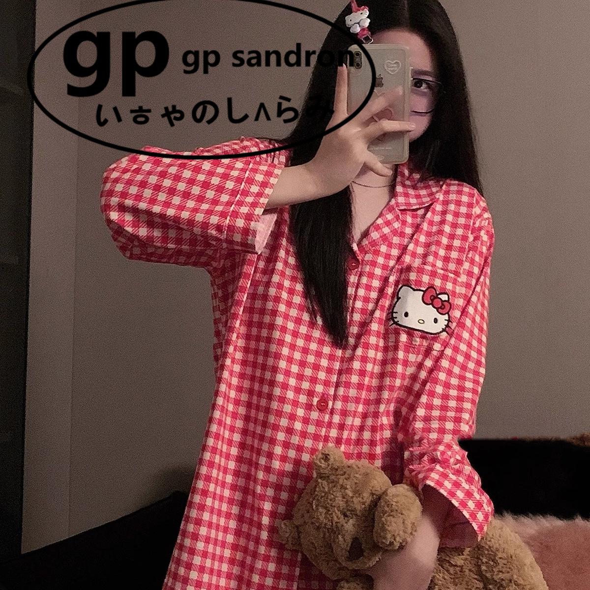 日本gp睡衣女士格纹KT猫家居服