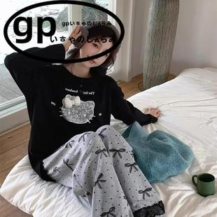 天长袖 日本GP纯棉睡衣女春秋冬季 甜美卡通高级感可外穿KT猫家居服