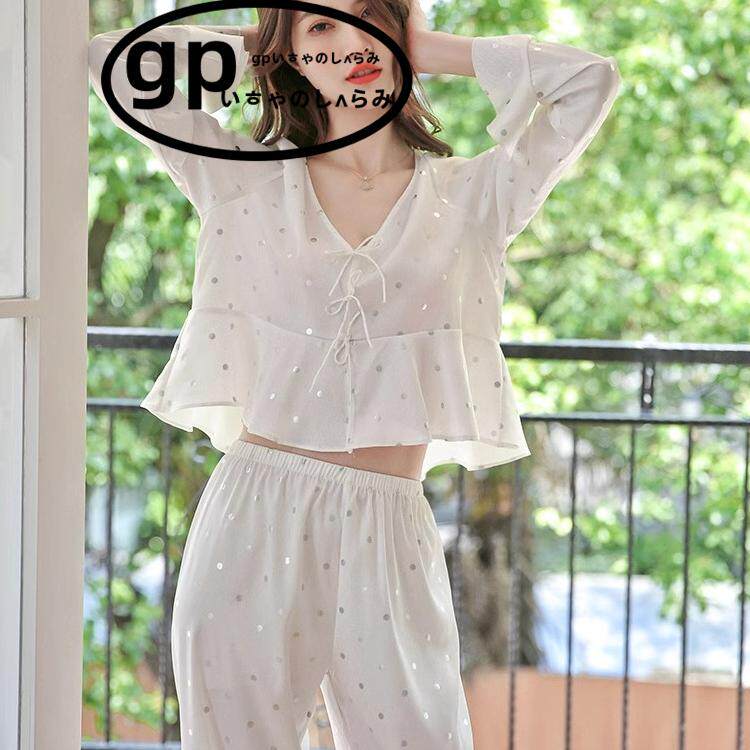 日本小众gp睡衣女春秋季冰丝夏款荷叶边套装甜美纯色可外穿家居服
