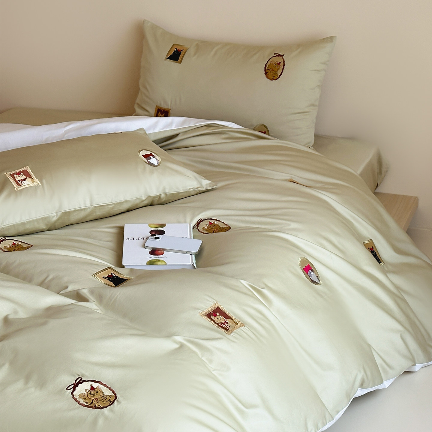 卡通喵咪刺绣50支双股长绒棉四件套全棉纯棉复古风床上用品26新款,床上用品,床品套件/四件套/多件套,淘宝优惠券,粉丝福利购,淘宝优惠卷