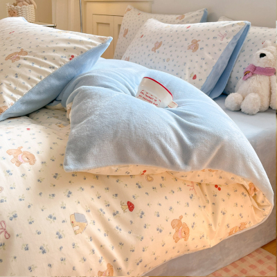 一面牛奶绒一面纯棉被套四件套