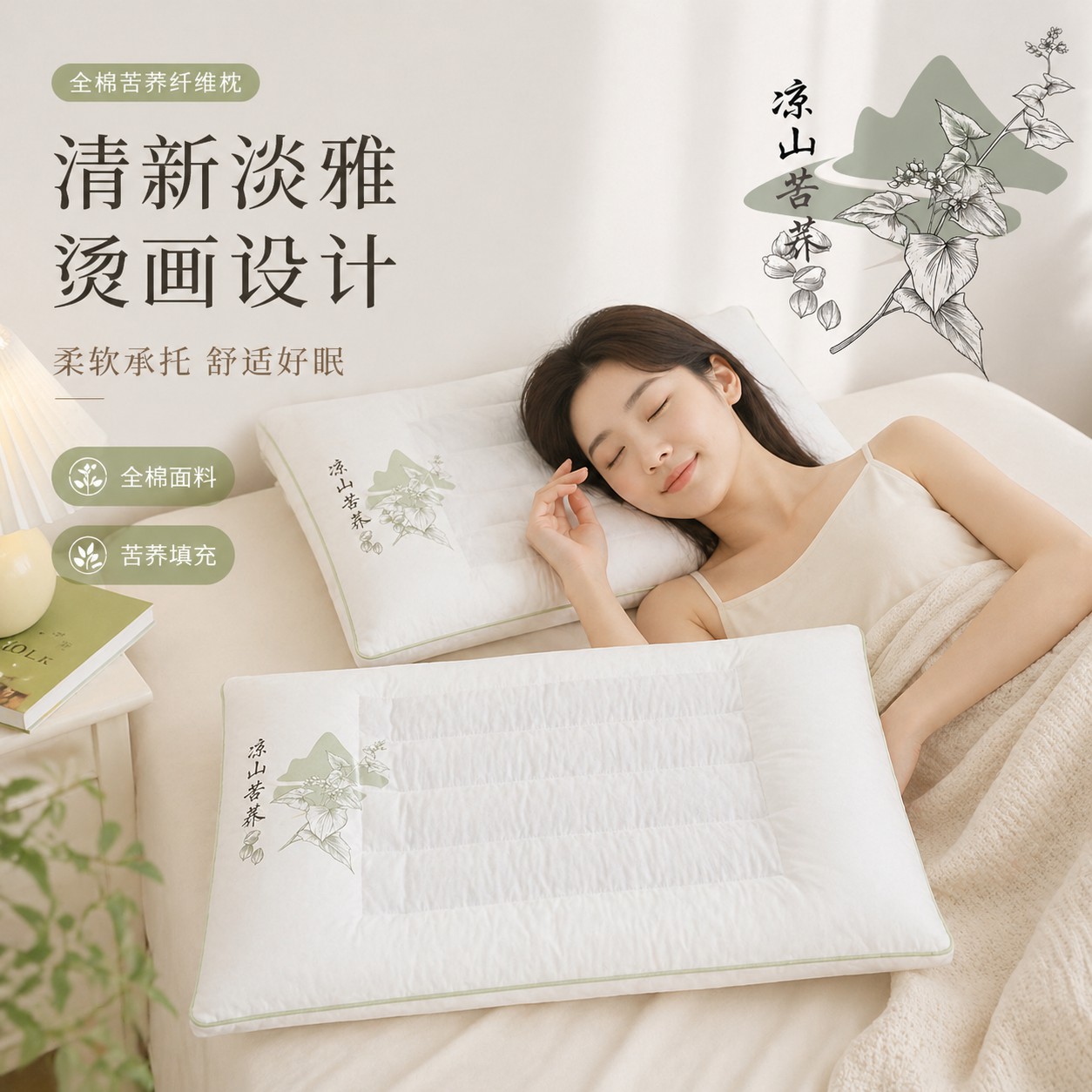 2026新款低枕全棉枕头苦荞麦枕芯护颈椎助睡眠侧睡羽丝棉儿童枕头图片