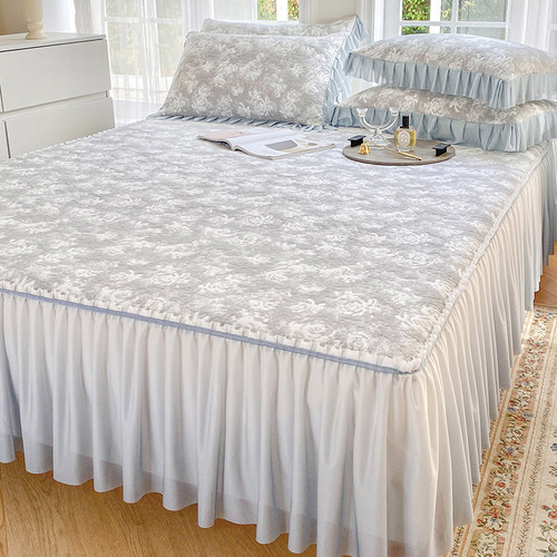 高端玫瑰提花冰丝凉席三件套床裙款夏季可机水洗公主风空调软席子