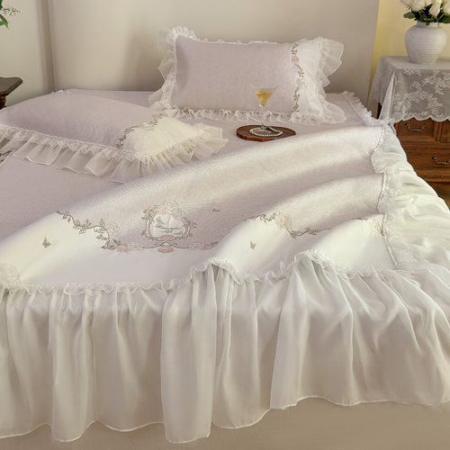 夏季少女心冰丝凉席床裙款三件套冰藤席刺绣凉感空调软席子可水洗