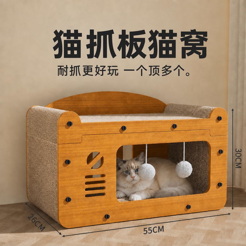 猫窝猫抓板猫别墅猫房子瓦楞纸猫窝家用室内猫咪二合一纸箱猫窝