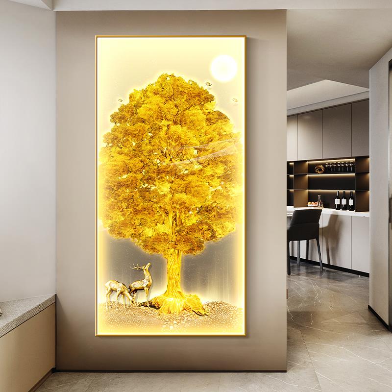 轻奢招财树玄关装饰画新中式金色发财树走廊挂画麋鹿入户带灯壁画