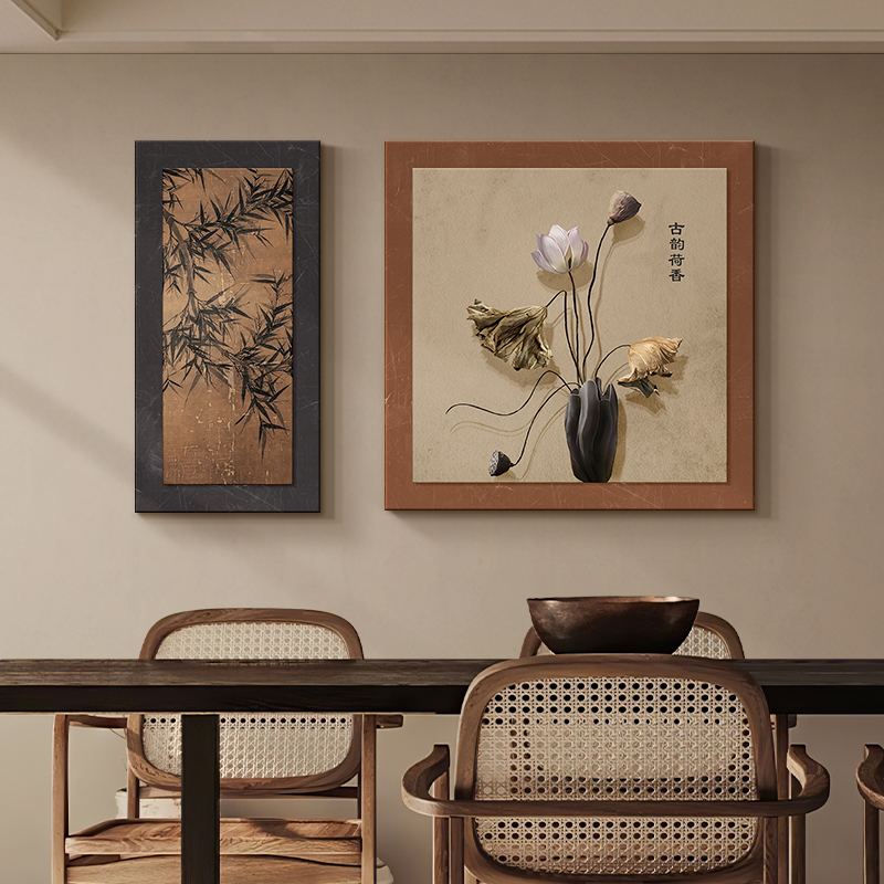 中古风复古餐厅装饰画新中式饭厅餐桌背景墙挂画茶室禅意荷花壁画图片