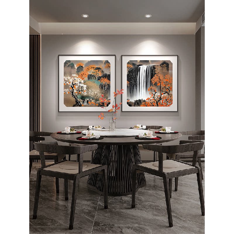 红红火火新中式餐厅挂画方形饭桌背景墙壁画招财山水画茶室装饰画