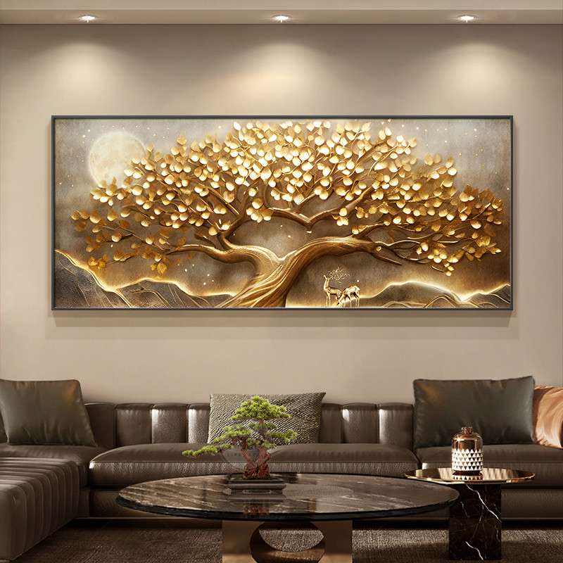轻奢高级感发财树客厅装饰画浮雕立体感沙发背景墙壁挂画横幅壁画图片