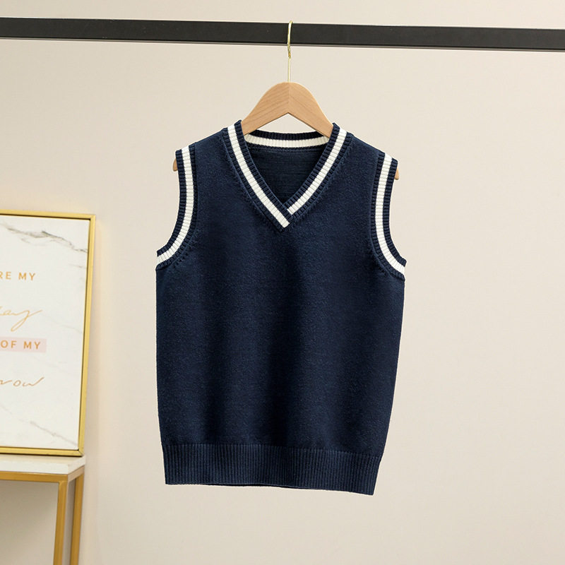 V领撞色学院风马甲男童针织背心毛衣女中大童校服幼儿园园服批发